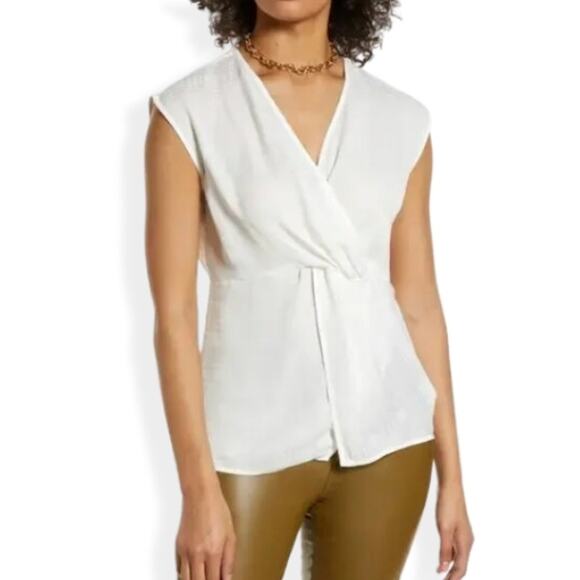 Halogen Blouse Check Surplice V-Neck Twisted Front Sleeveless White W US XS NWOT - Picture 1 of 9